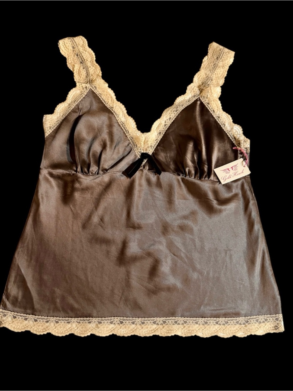 Gold Hawk 100% Silk Lace Camisole Tank Chocolate Silk Beige Lace Trim Large NWT